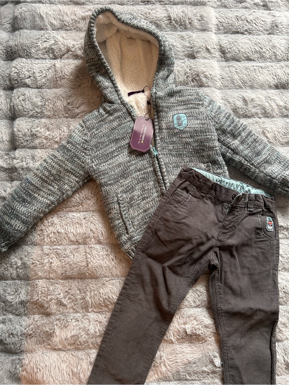 Kids Gray Knit Hooded Jacket and Brown Pants Set